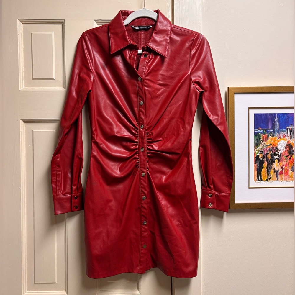 Zara Red Faux Leather Button Up Long Sleeve Shirt Dress
